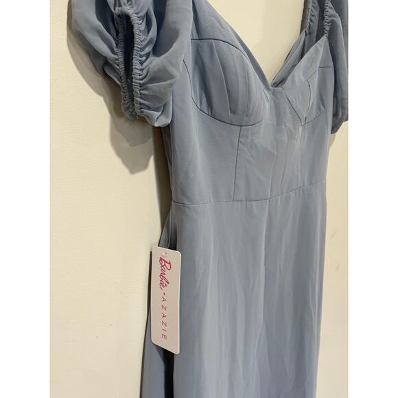 NWT Barbie x Azazie Chiffon A-Line Dress with Puff Sleeve Dusty Blue Women's 6A - Picture 4 of 8